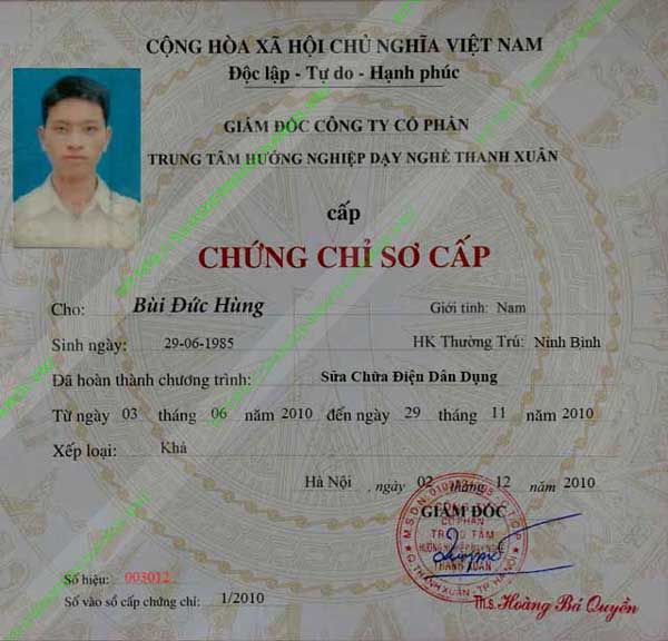 Chứng chỉ bằng cấp đào tạo nghề điện nước Đức Hùng